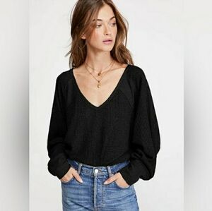 NEW Free People Santa Clara Thermal Long Sleeve top in Black  Size S NWT
